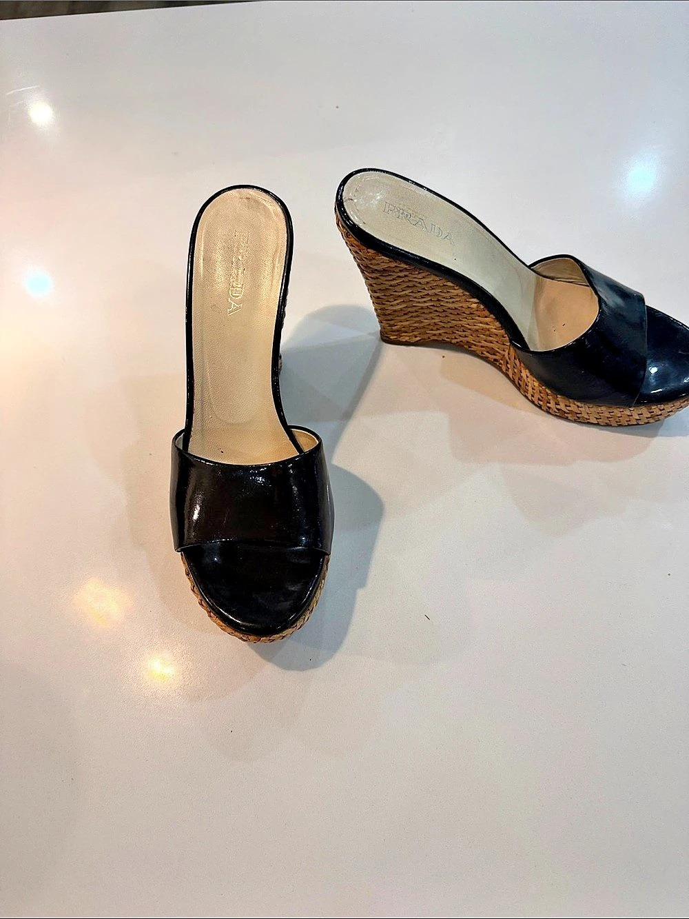 Prada Patent Leather Wedge Sandals EU 37.5 👠